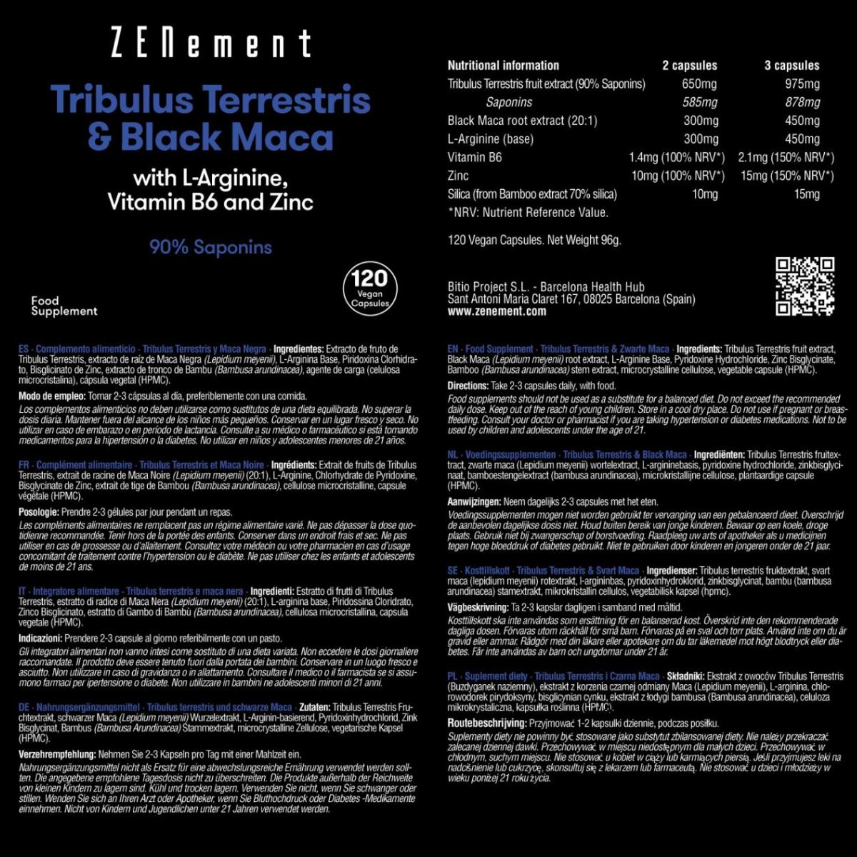 Tribulus Terrestris & Schwarze Maca, mit L-Arginin, Vitamin B6 und Zink, Zenement 120 Tabletten