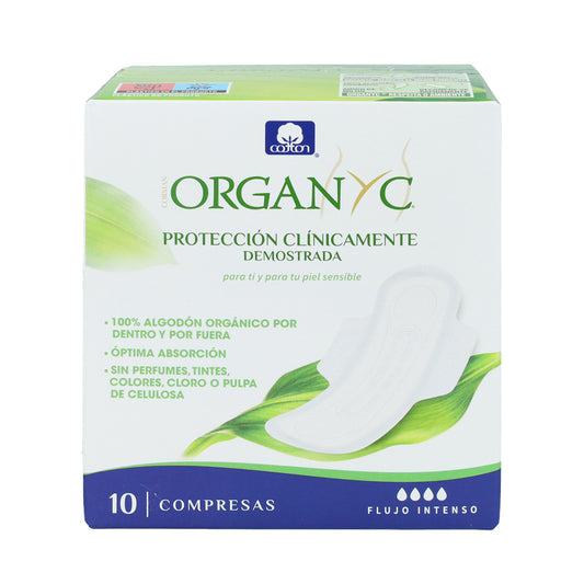 Organyc night-time sanitary pads with wings in individual bags, 10 units