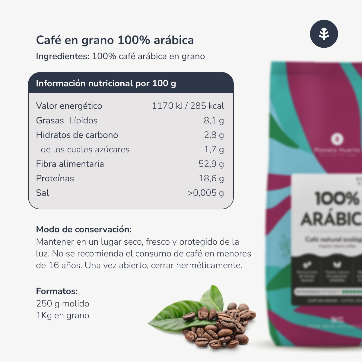 Pack 3x Eco 100% Arabica Café en grains Planeta Huerto 1 Kg