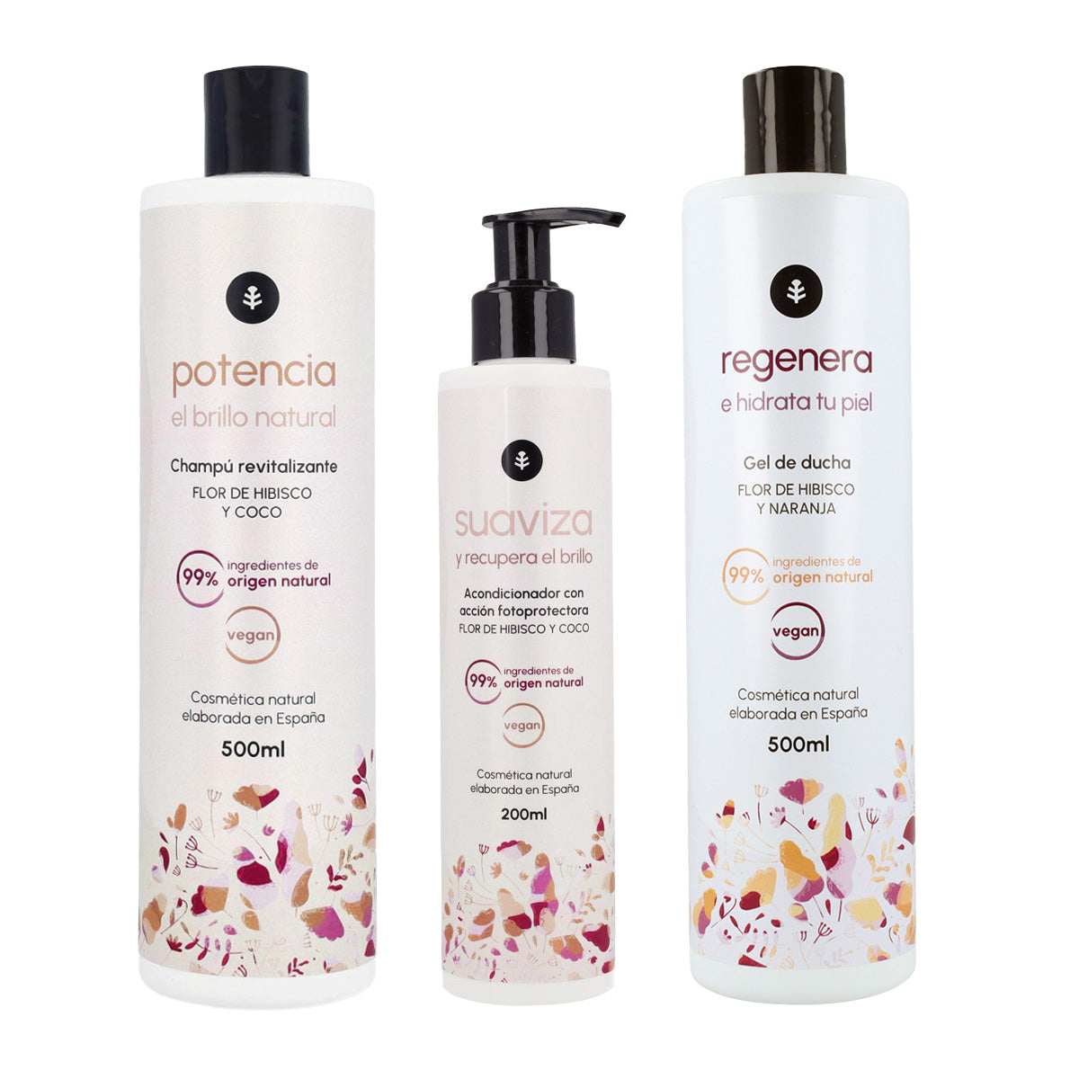 Hibiscus Flower Pack: Shine-enhancing shampoo 500 ml + Shower gel 500 ml + Shine-restoring conditioner 200 ml Planeta Huerto