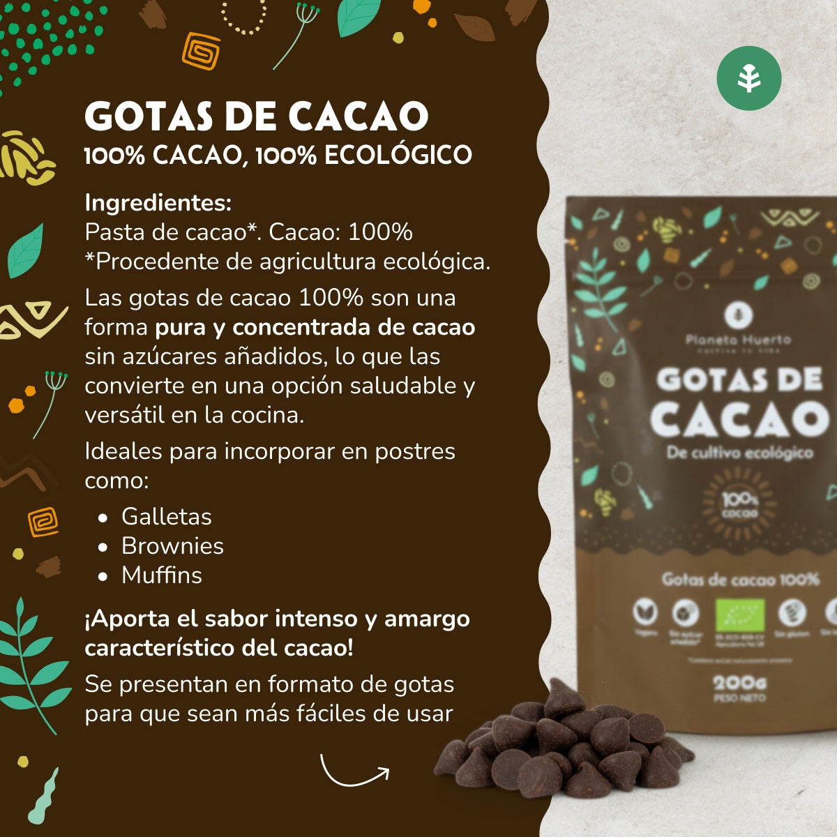 Gocce di cioccolato 100% cacao ECO Planeta Huerto 200 g