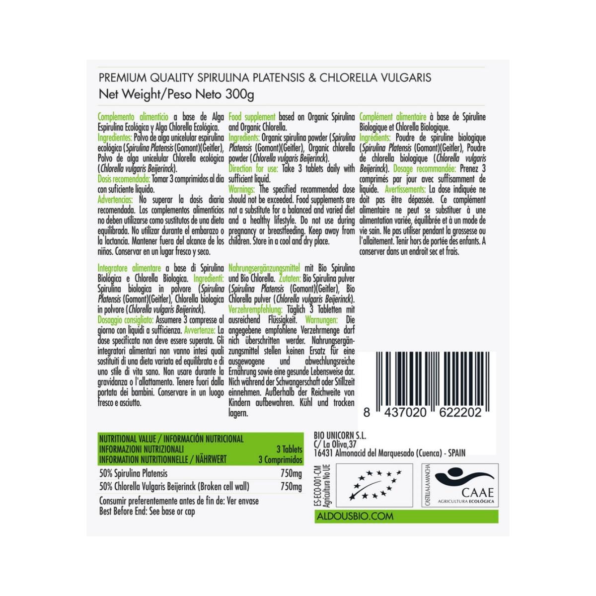 Bio-Spirulina- und Chlorella-Mix, 600 Tabletten Aldous Bio