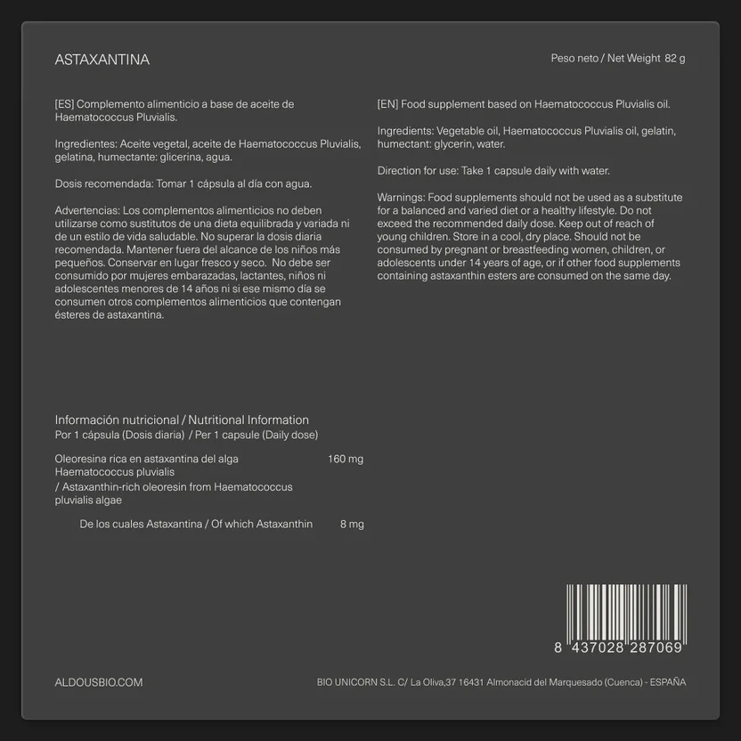 Reines natürliches Astaxanthin 8 mg, 160 mg Astaxanthin-reiches Öl Aldous Bio 120 Kapseln