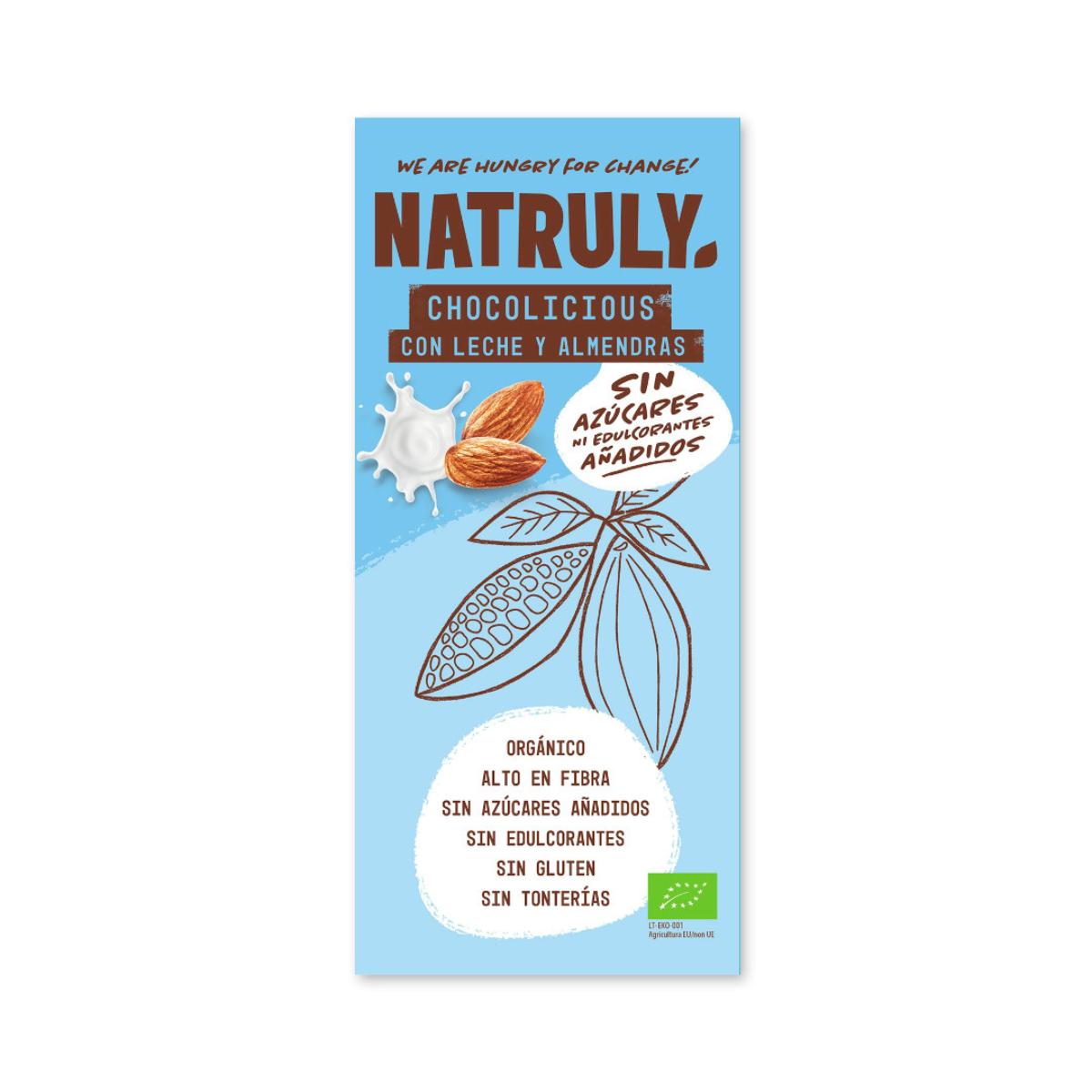 Tablette de chocolat au lait bio Natruly Chocolicious aux amandes 85 g