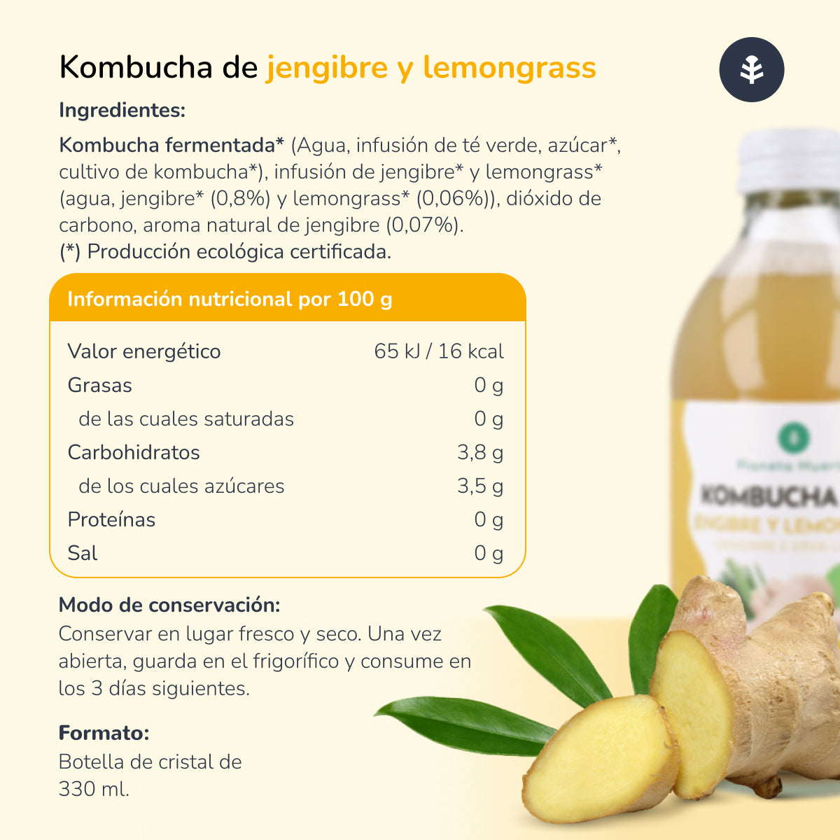 Pack 12x Kombucha ECO Jengibre y lemongrass Planeta Huerto 330 ml