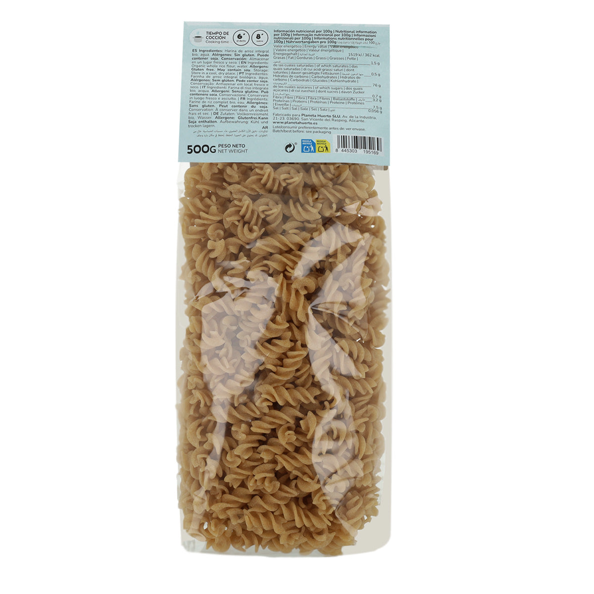 Glutenvrije ECO-spiraaltjes van bruine rijst Planeta Huerto 500 g