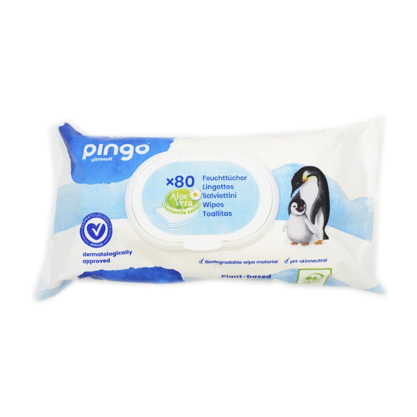 Lot de 4 paquets de lingettes humides 100 % biodégradables Pingo 80 unités