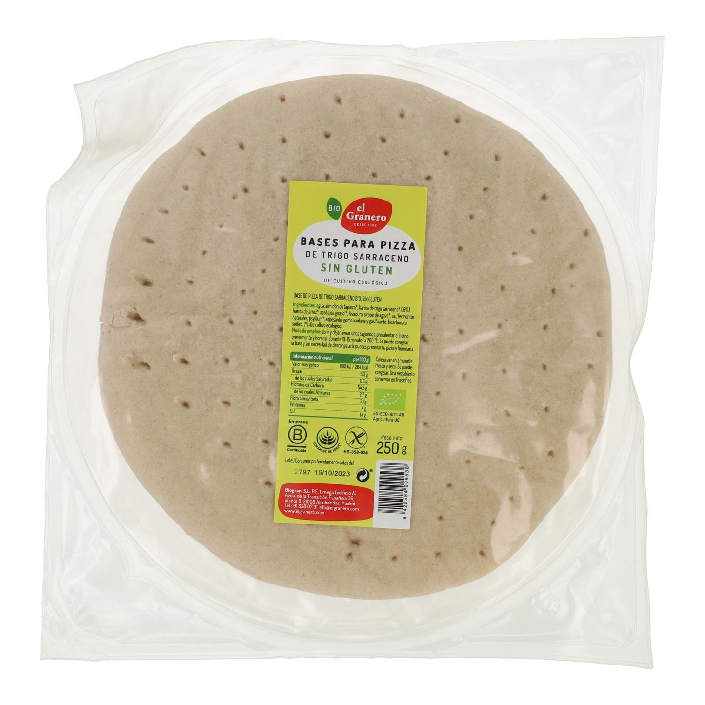 Pâtes à pizza au sarrasin bio sans gluten El Granero, 2 x 250 g