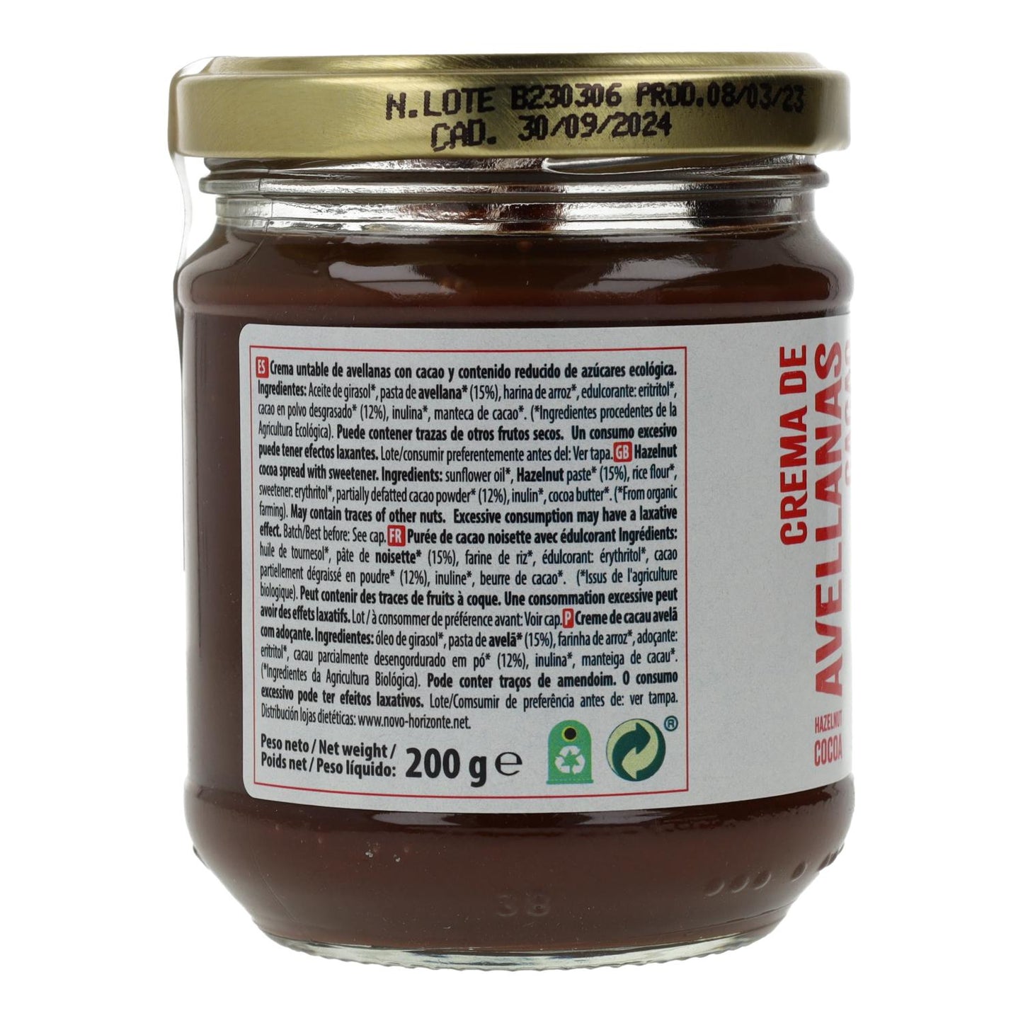 Hazelnoot- en cacaocrème met verlaagd suikergehalte Naturgreen 200 g