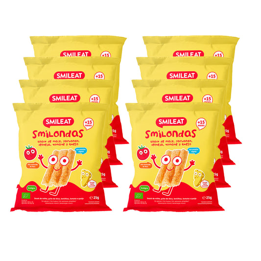 Confezione da 8 snack Smilondas con mais, ceci, lenticchie, pomodoro e formaggio biologico, Smileat, 25 g