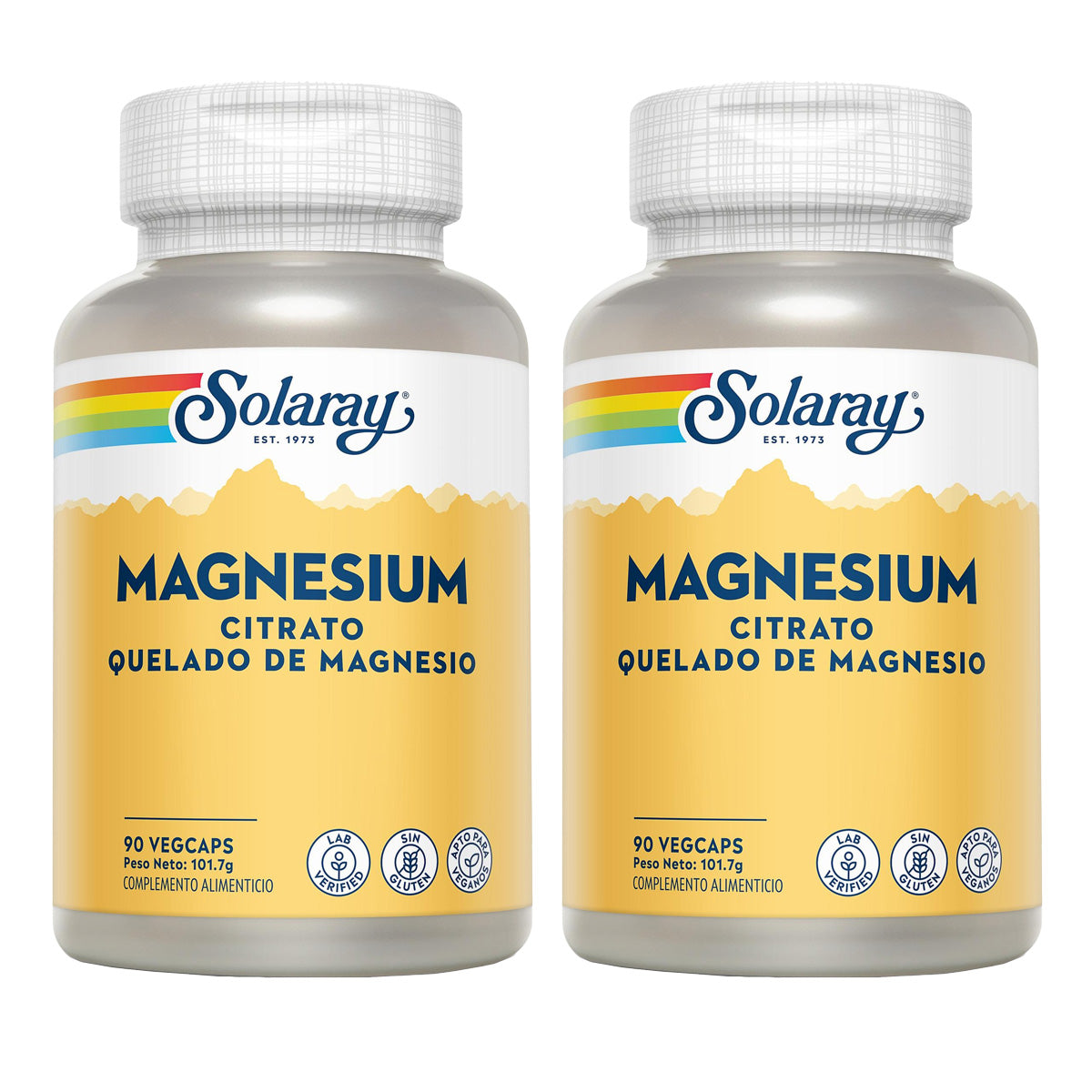 Förpackning med 2x Magnesiumcitrat - Magnesium - Solaray 90 VegCaps. Glutenfri. Lämplig för veganer