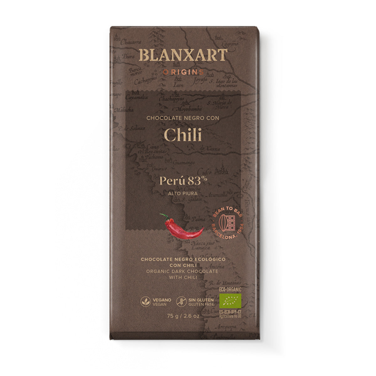 Chocolat Pérou 83 % au piment Eco Vegan Sans gluten Blanxart 75 g