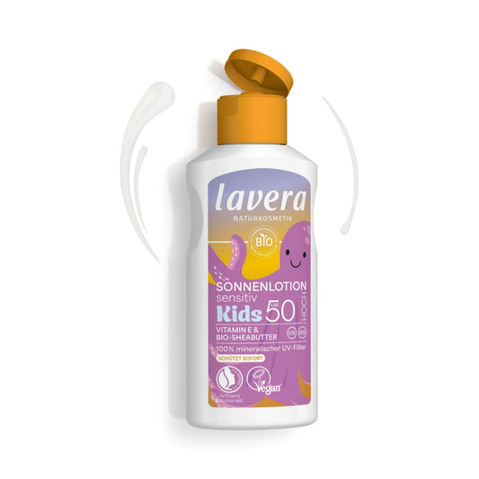Lozione solare per bambini Sensitiv SPF 50 Vitamina E & burro di karité biologico, Lavera, 100 ml