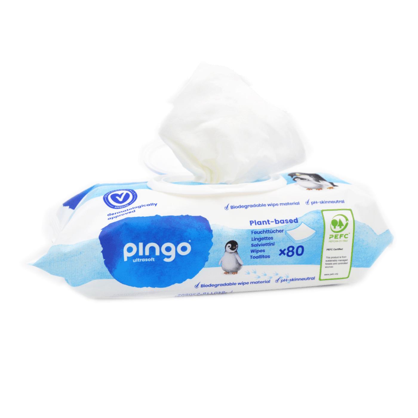 Förpackning med 12 x 100 % biologiskt nedbrytbara våtservetter Pingo 80 st.