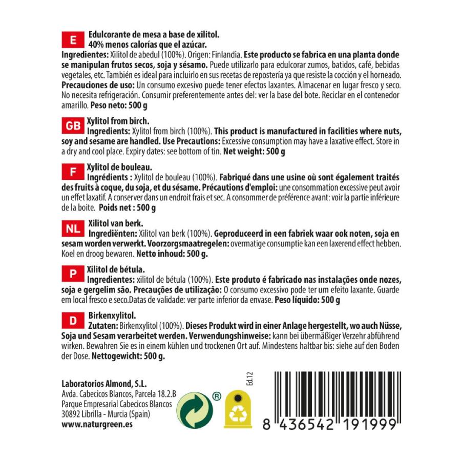 Confezione da 2 pezzi Xilitolo Zucchero di betulla Naturgreen 2 pezzi da 500 g