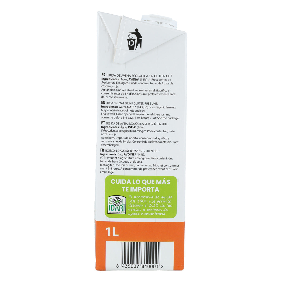 6er-Pack glutenfreies Bio-Hafergetränk Sol Natural 1 l