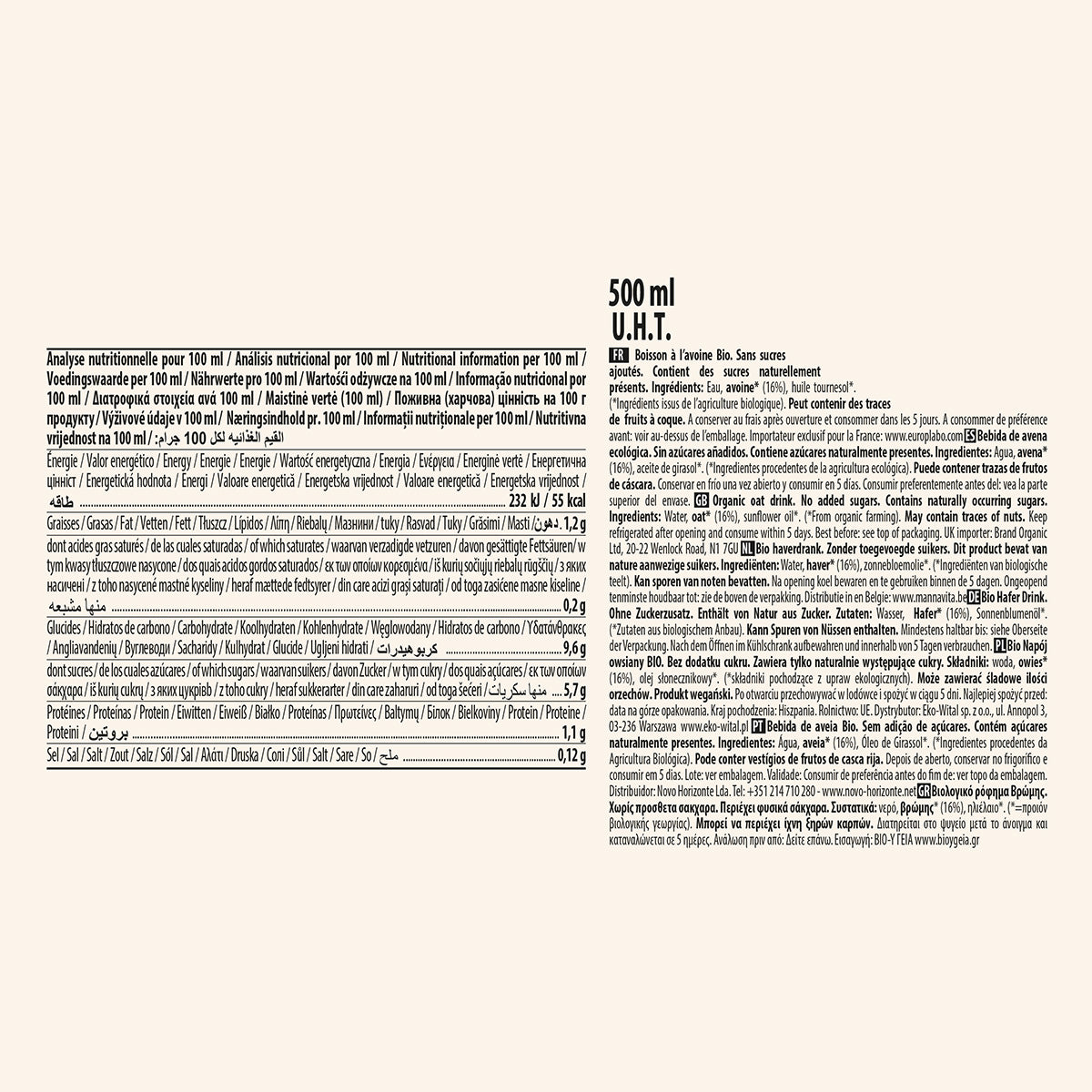 Sockerfri ekologisk havredryck ECOMIL 500 ml