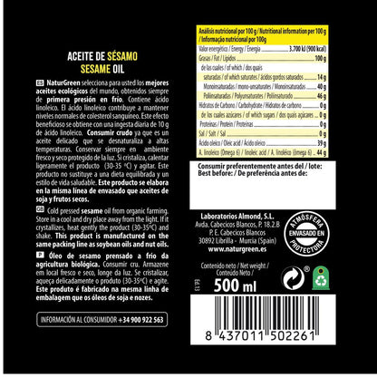 Olio di sesamo biologico NaturGreen. 500 ml