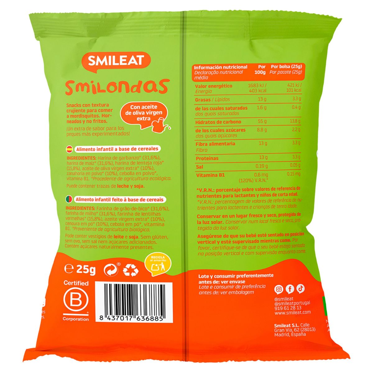 Smilondas Snack au maïs, pois chiches, lentilles et carottes Eco Smileat 25 g