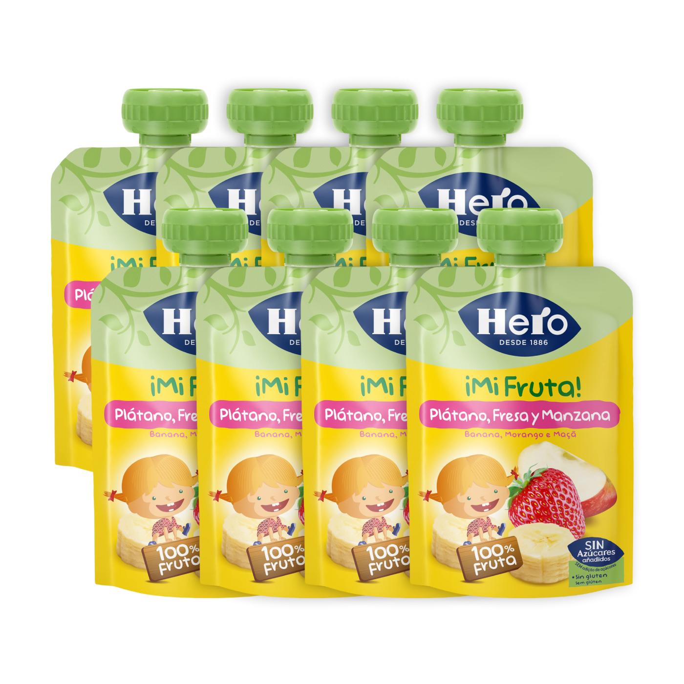 8er-Pack Hero-Joghurtbecher mit Banane, Erdbeere und Apfel, 100 g