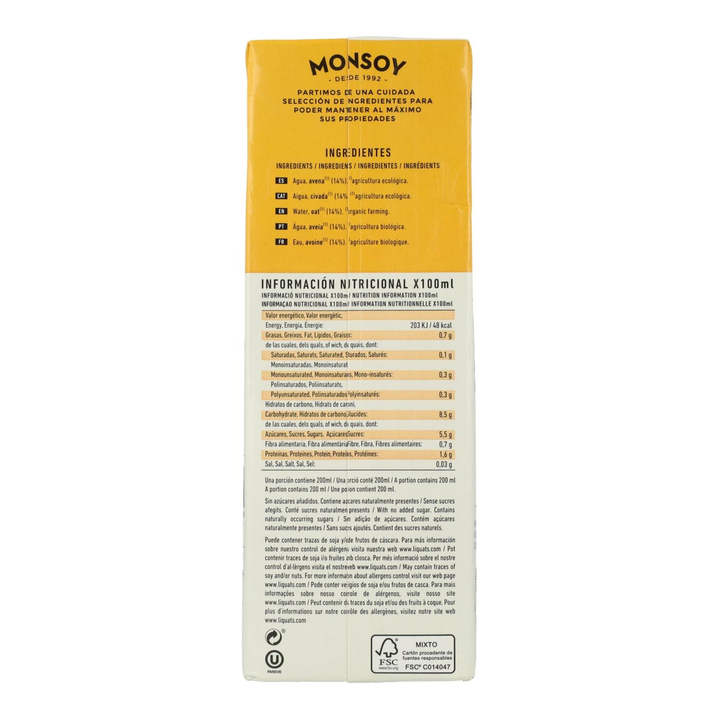 Boisson BIO à l'avoine sans gluten Monsoy 1 L