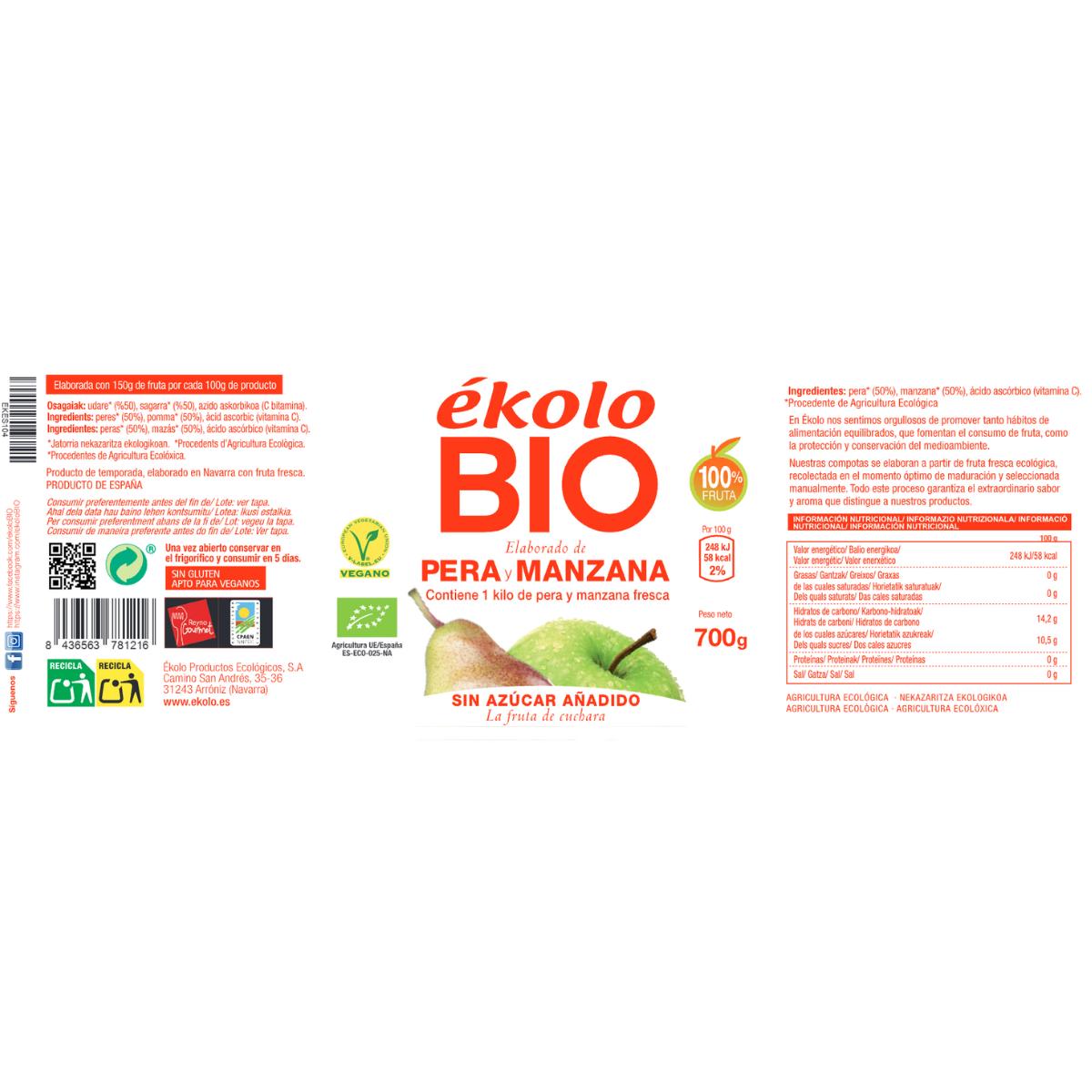 Élaboré à partir de poires et de pommes biologiques sans sucres ajoutés Ékolo 700 g