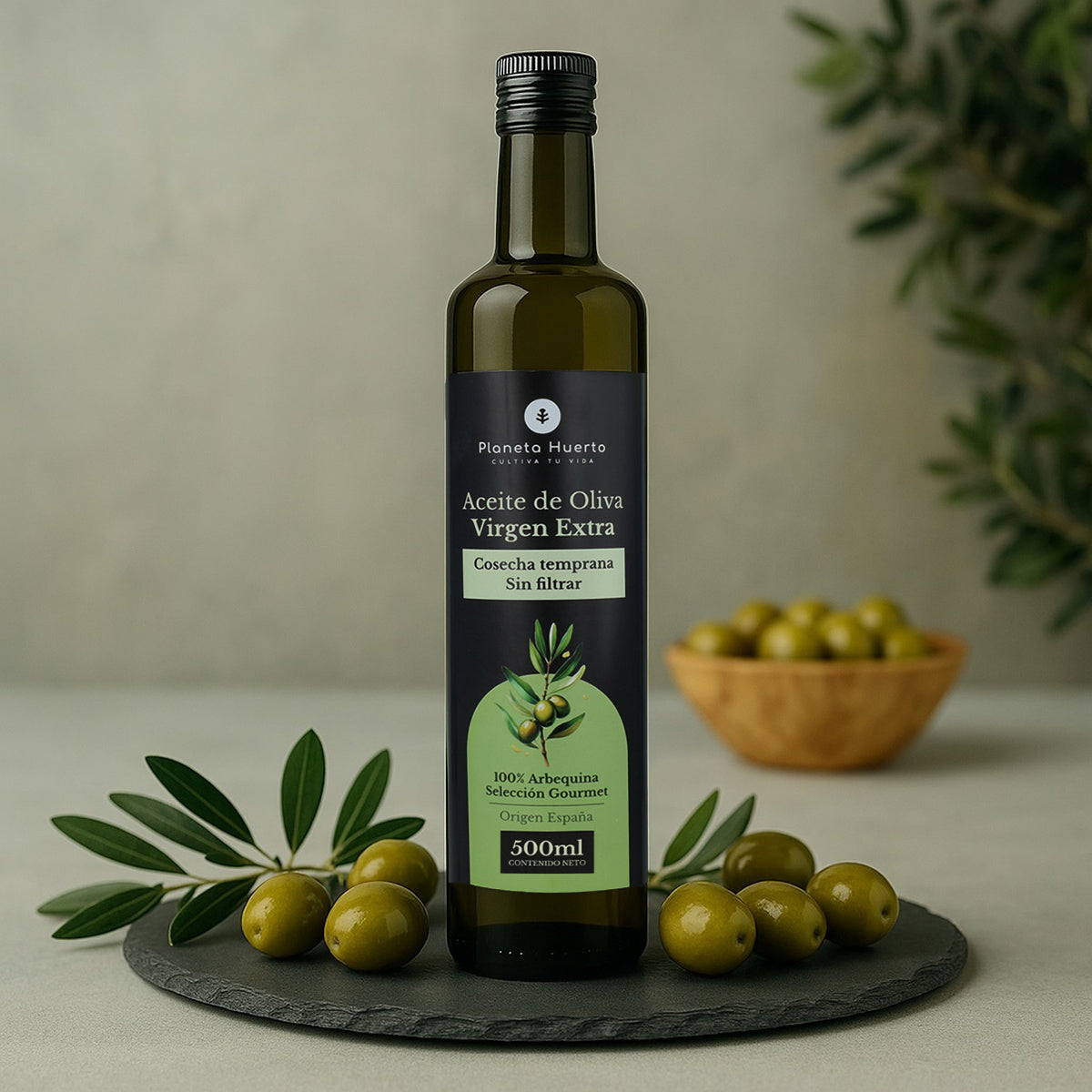 Confezione da 3 oli extravergine di oliva di prima raccolta verde non filtrato Planeta Huerto 500 ml