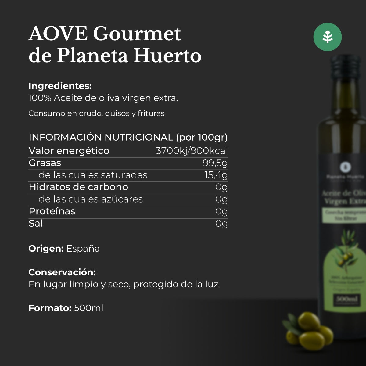 Confezione da 3 oli extravergine di oliva di prima raccolta verde non filtrato Planeta Huerto 500 ml