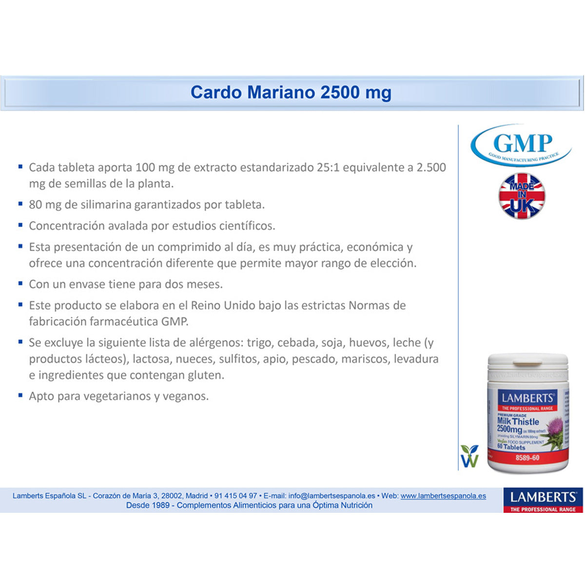 Cardo Mariano 2500 mg Lamberts, 60 comprimidos