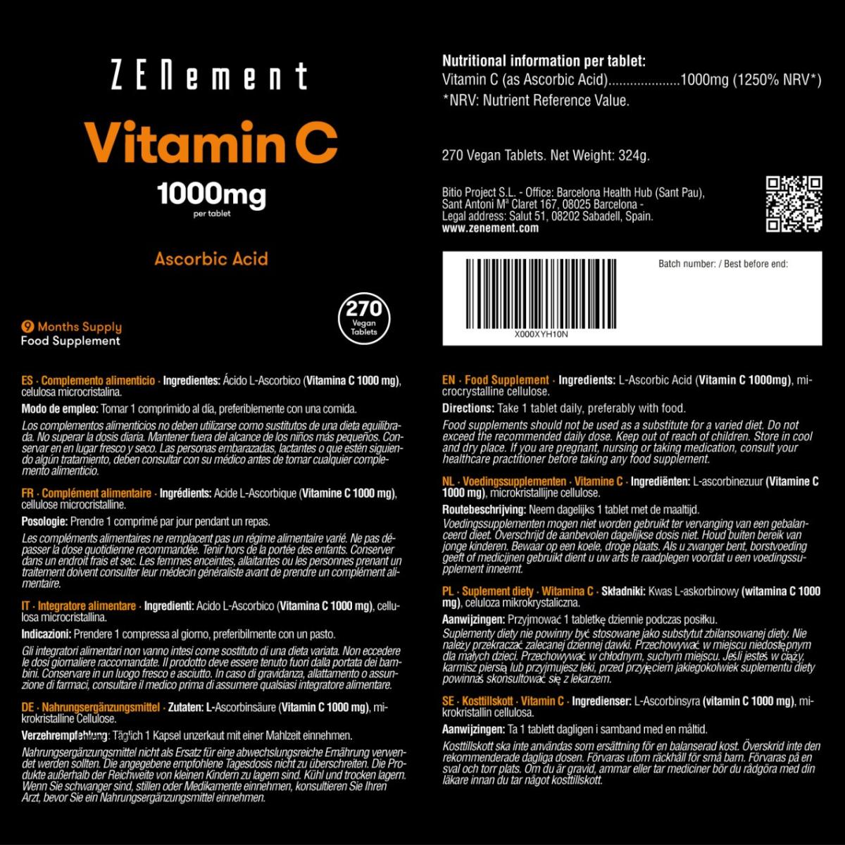 Witamina C, 1000 mg Zenement, 270 tabletek