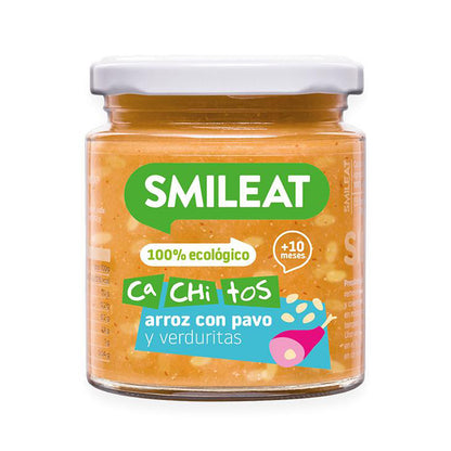 Förpackning med små burkar med ekologisk mat Smileat 4 st à 230 g
