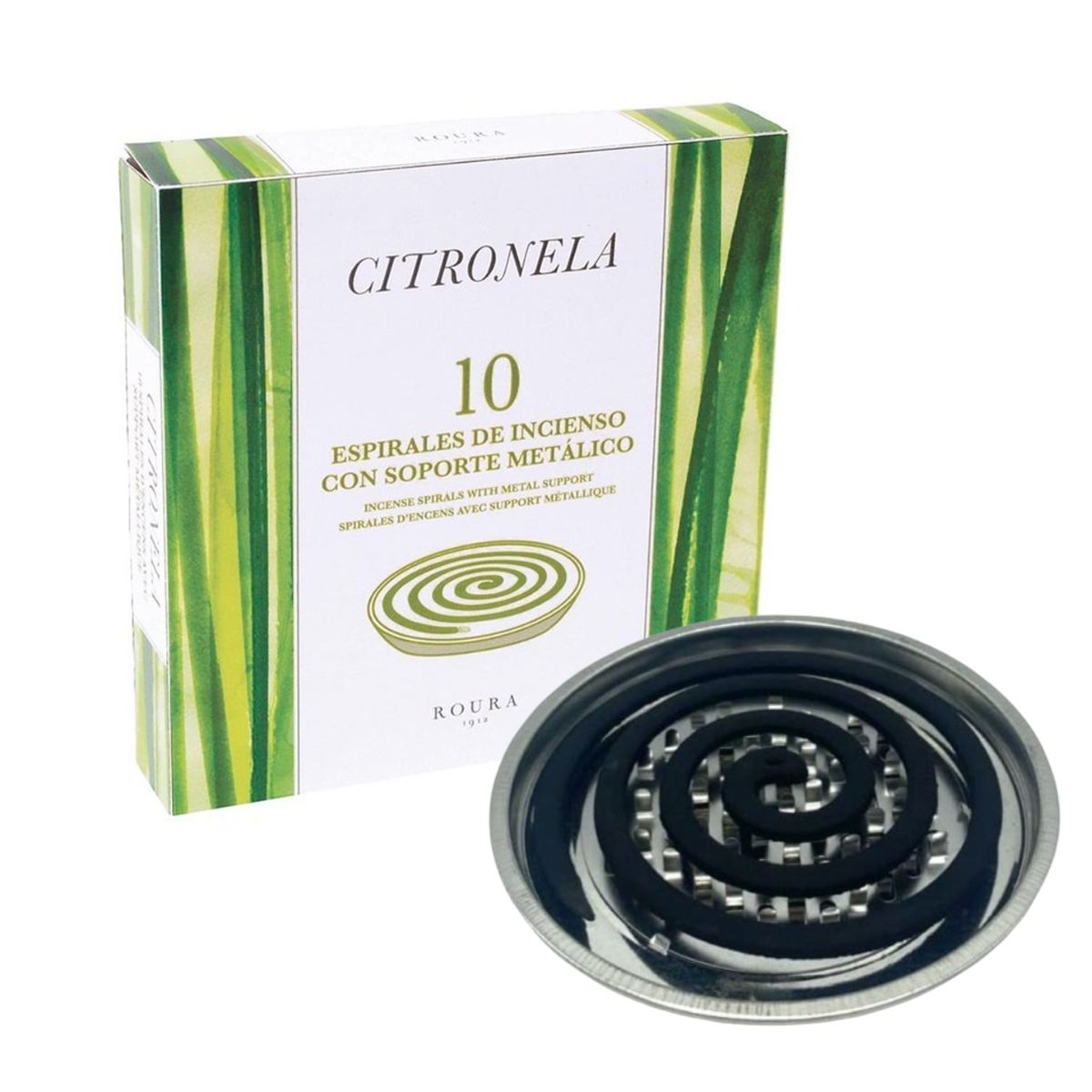 Spirale anti-moustiques à la citronnelle avec support métallique 10 unités Roura