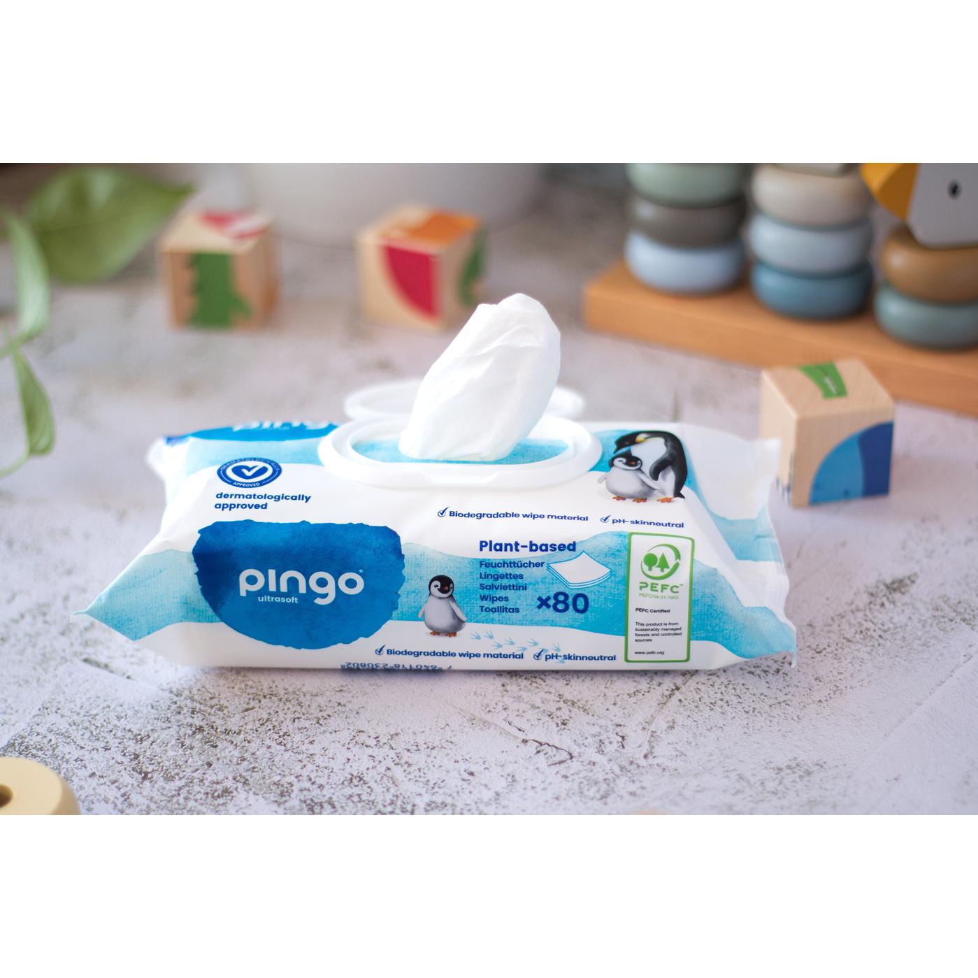 Lot de 4 paquets de lingettes humides 100 % biodégradables Pingo 80 unités