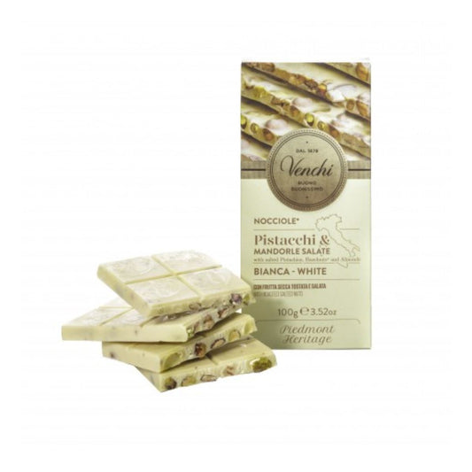 Tablette de chocolat blanc Venchi aux noisettes entières IGP Piémont, pistaches et amandes 110 g