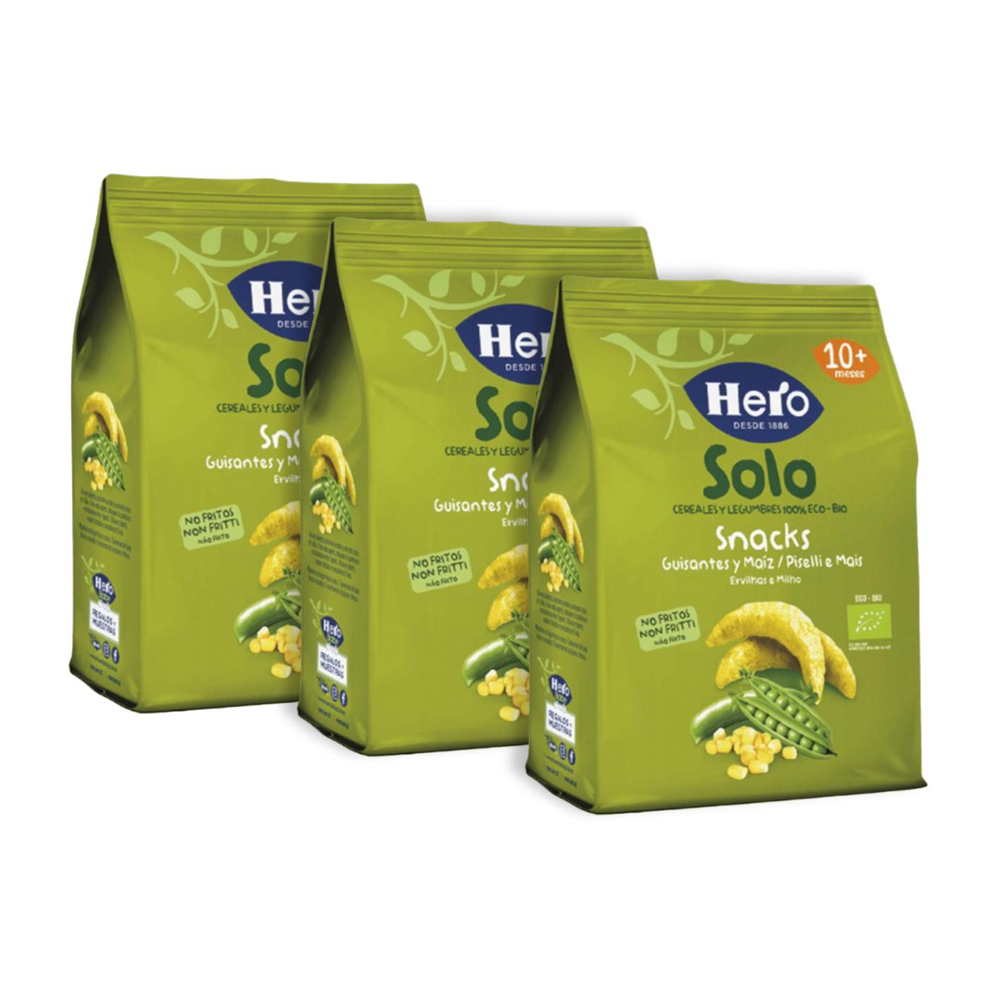 3-pack snacks med ärtor och majs Eco-Bio från 10 månader, påse 40 g – Hero Solo