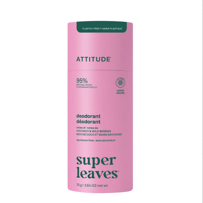 Déodorant Super leaves - Noix de coco et fruits des bois - sans plastique, Attitude, 75 g