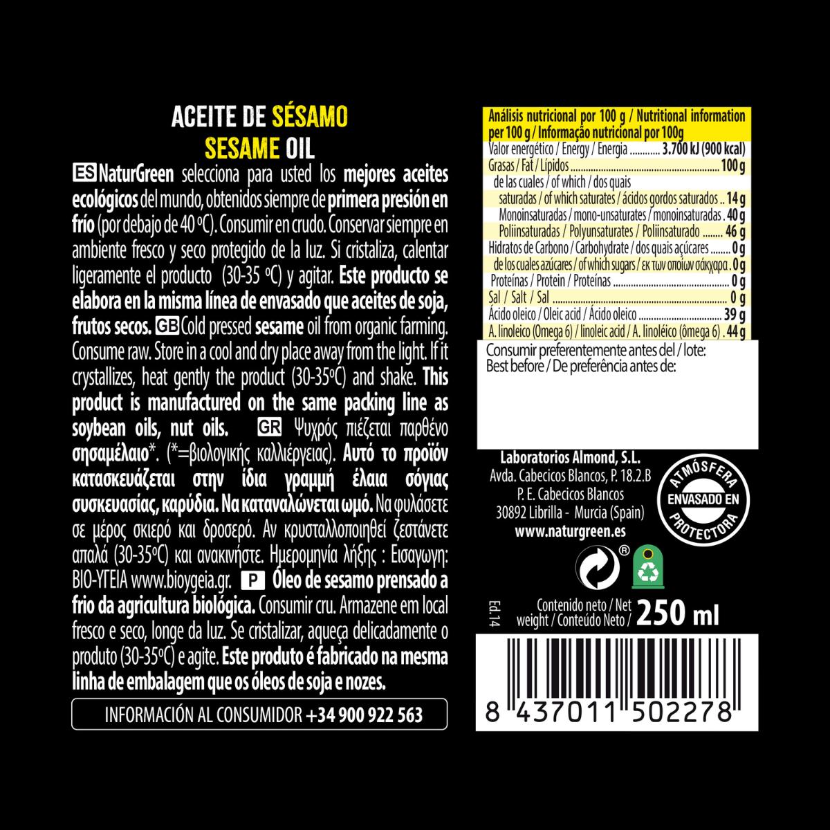 Olio di sesamo BIO  NaturGreen. 250 ml