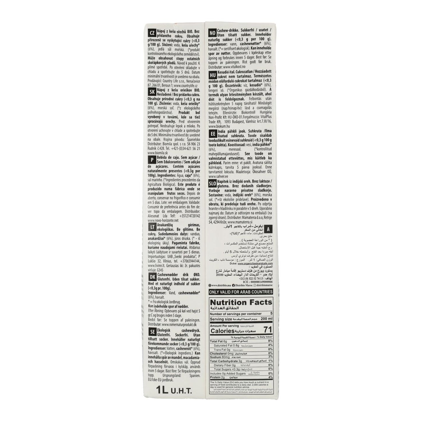 Lot de 6 bouteilles de boisson végétale aux noix de cajou Nature Bio Ecomil 1 L