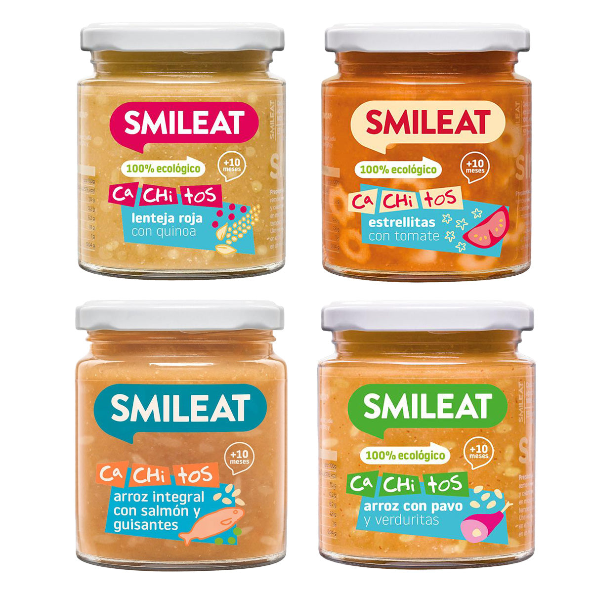 Förpackning med små burkar med ekologisk mat Smileat 4 st à 230 g