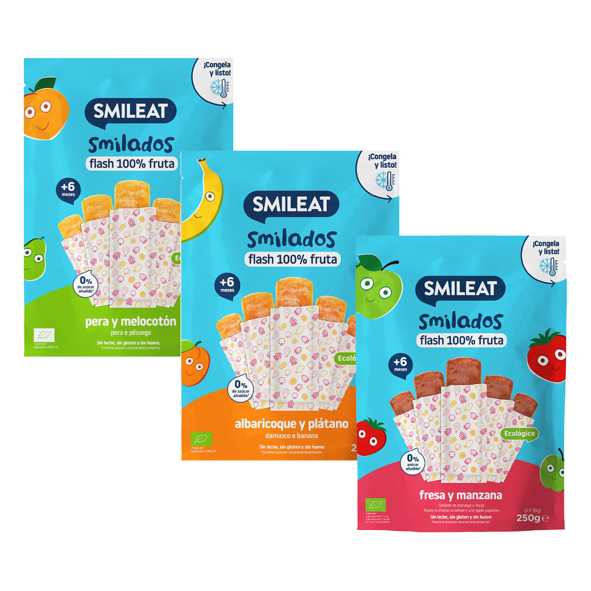 Pack Mix SMILADOS glaces flash pour enfants 100 % fruits BIO Smileat 3 unités de 250 g