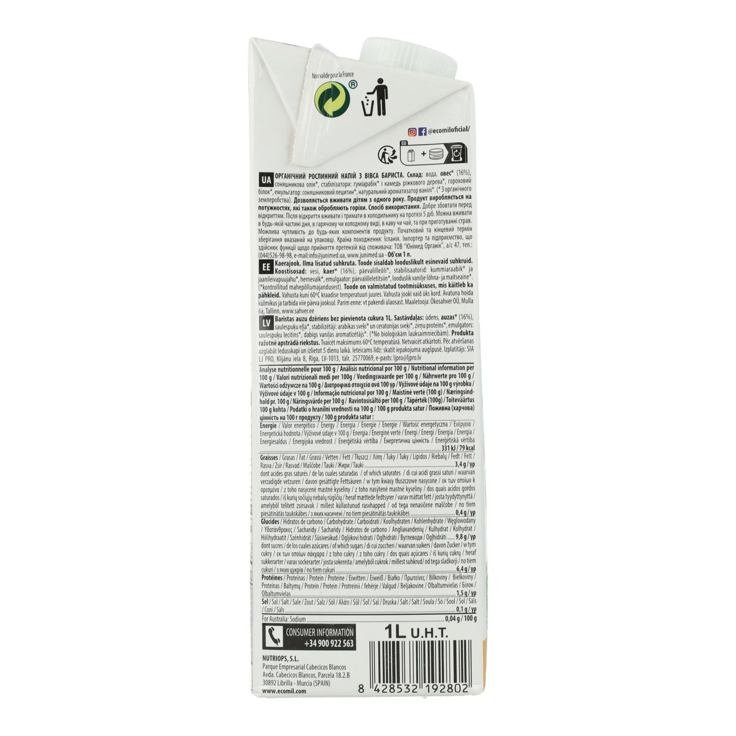 EcoMil Organic Oat Barista Plant-Based Drink 1 L