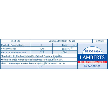 Vitamin D3 1000 IE (25 µg) Lamberts, 120 Kapseln