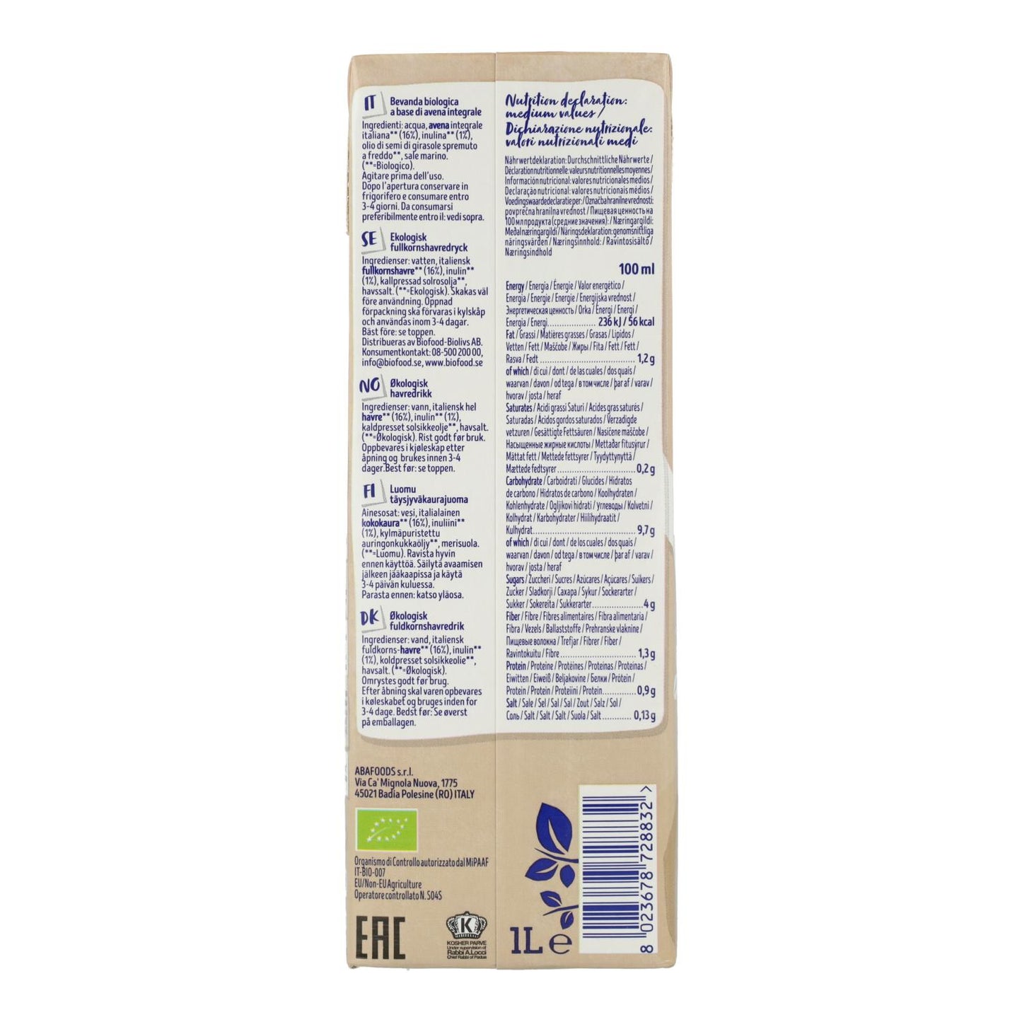 Zestaw 6 szt. Napój owsiany Barista BIO Isola Bio, 1 l