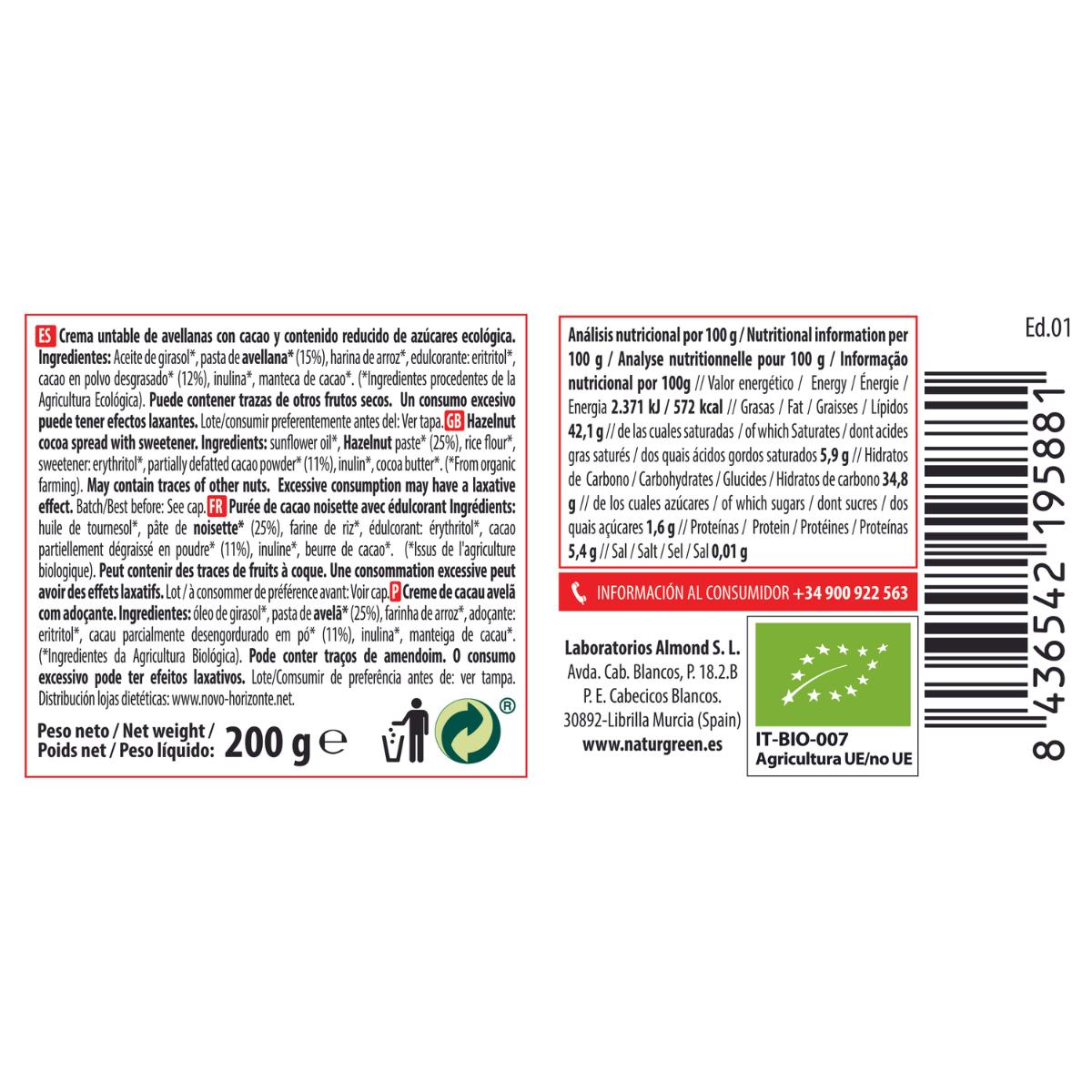 Hazelnoot- en cacaocrème met verlaagd suikergehalte Naturgreen 200 g