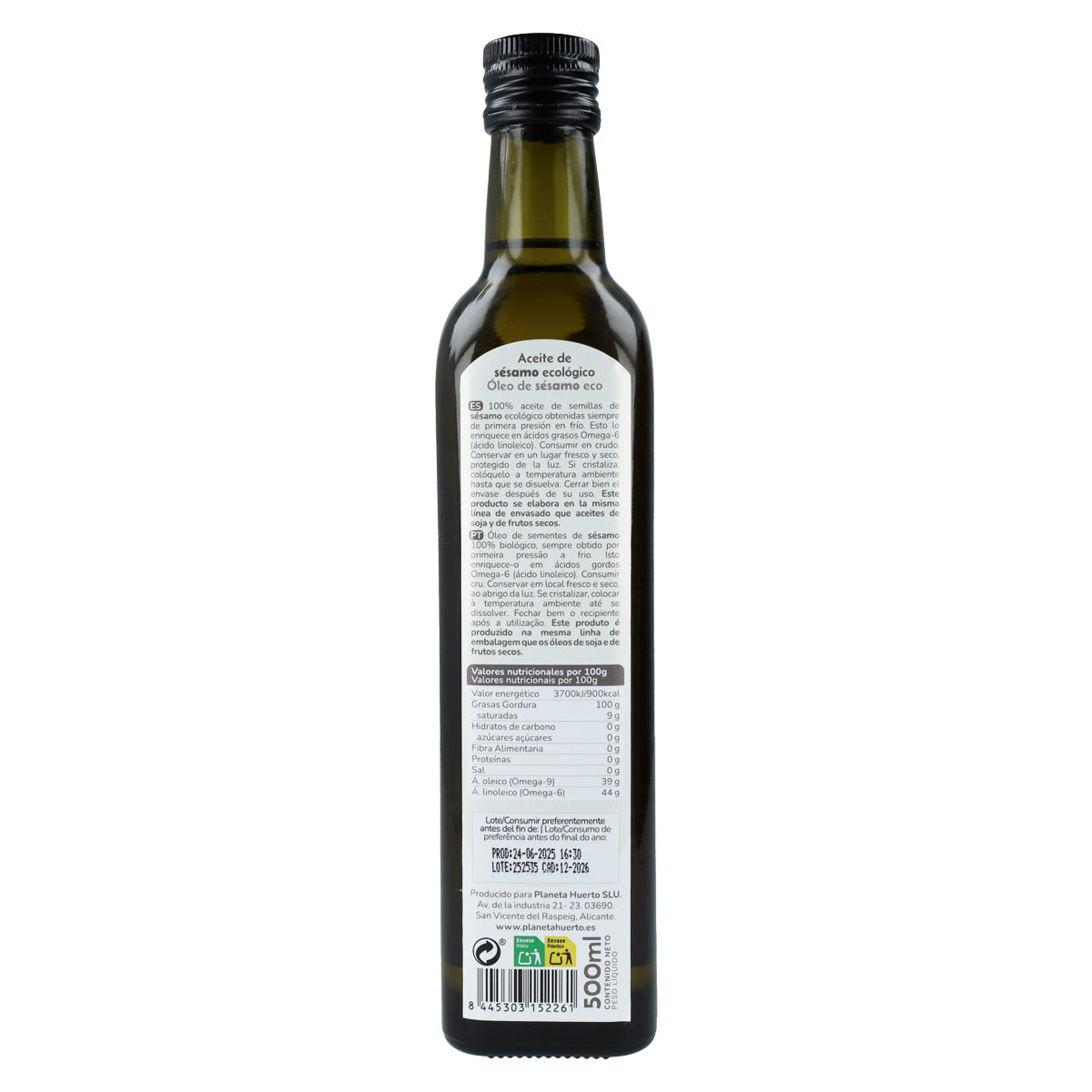 Confezione da 3 oli di sesamo spremuto a freddo ECO Planeta Huerto 500 ml