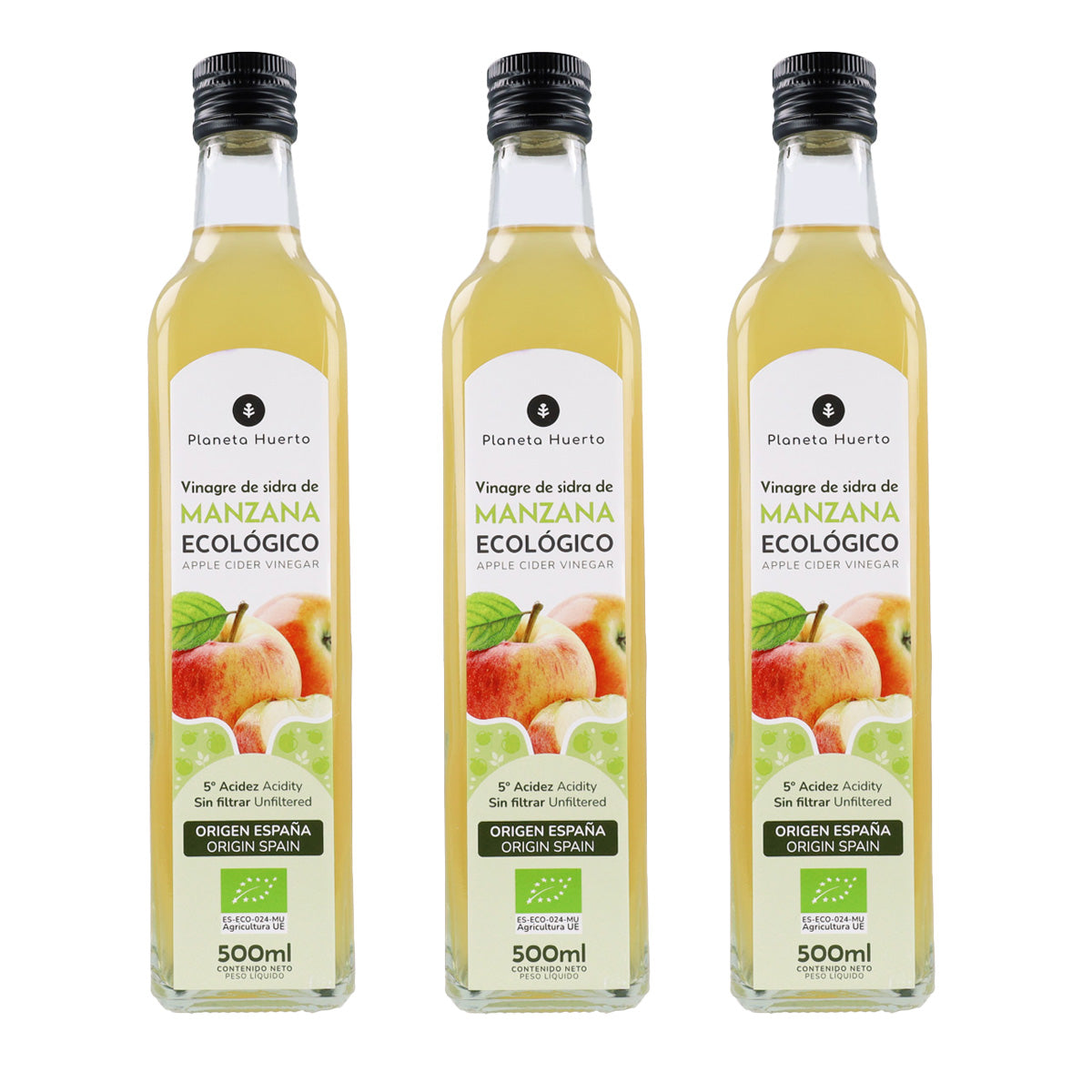 Pack of 3 x ECO Planeta Huerto Unfiltered Apple Cider Vinegar 500 ml
