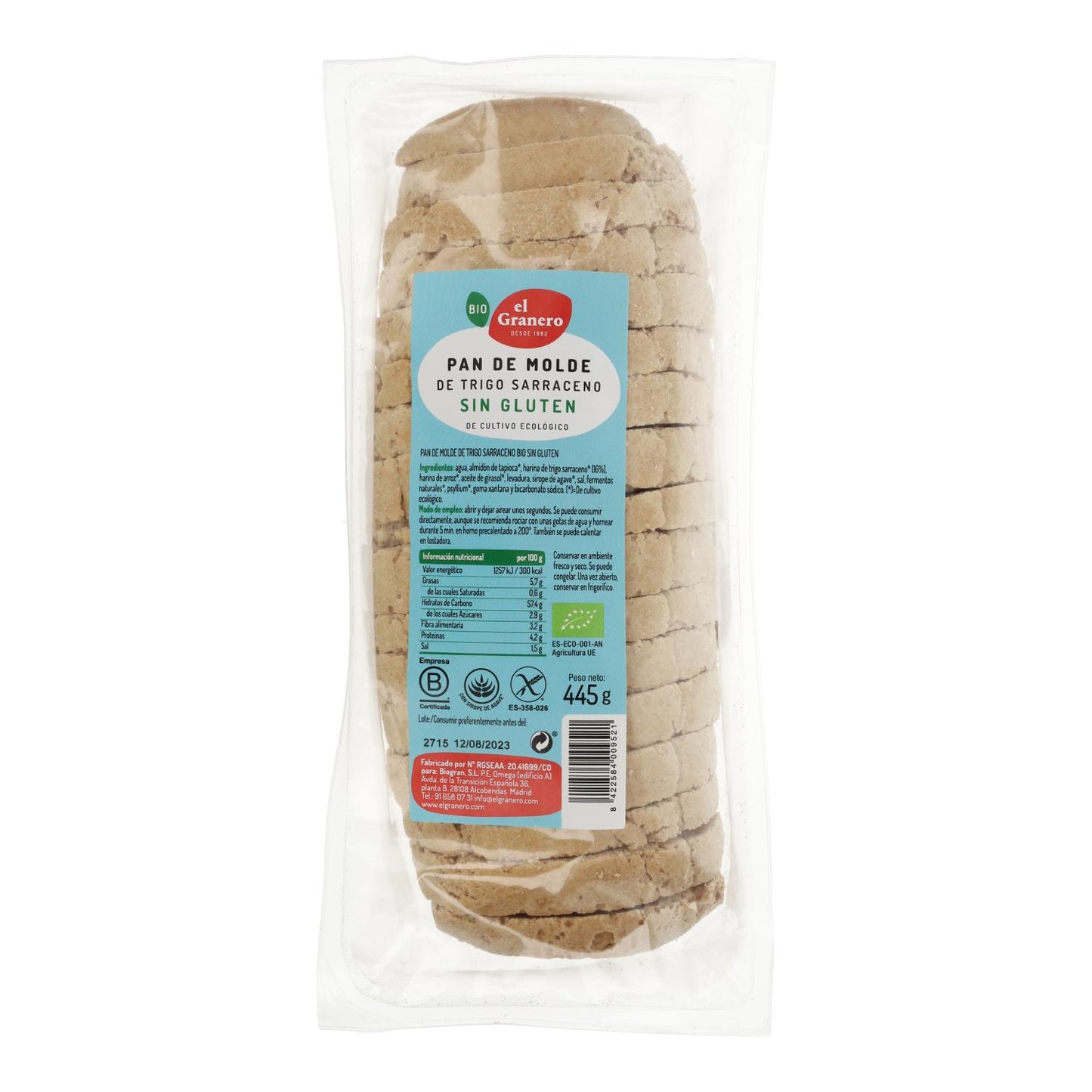 Pain de sarrasin bio sans gluten en tranches El Granero 445 g