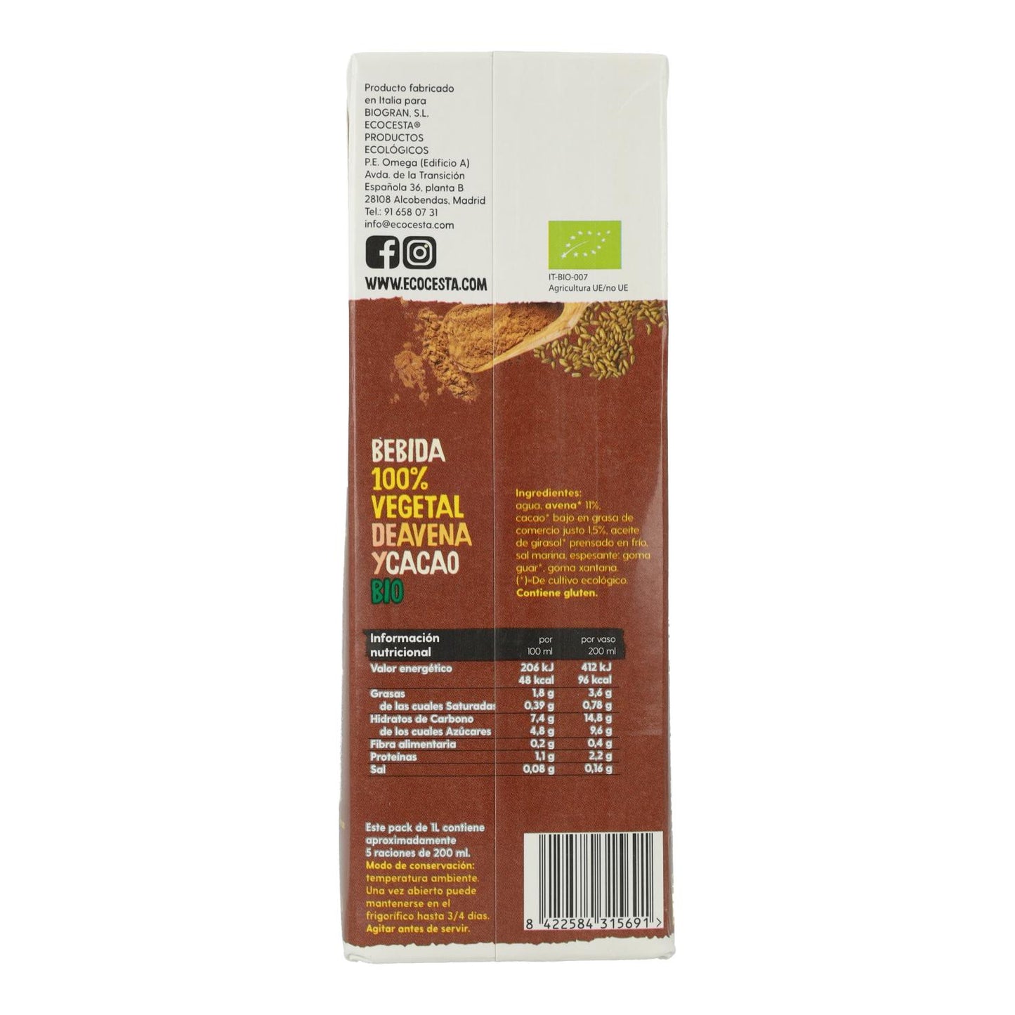 Boisson végétale à l'avoine et au cacao bio, 1 l Ecocesta