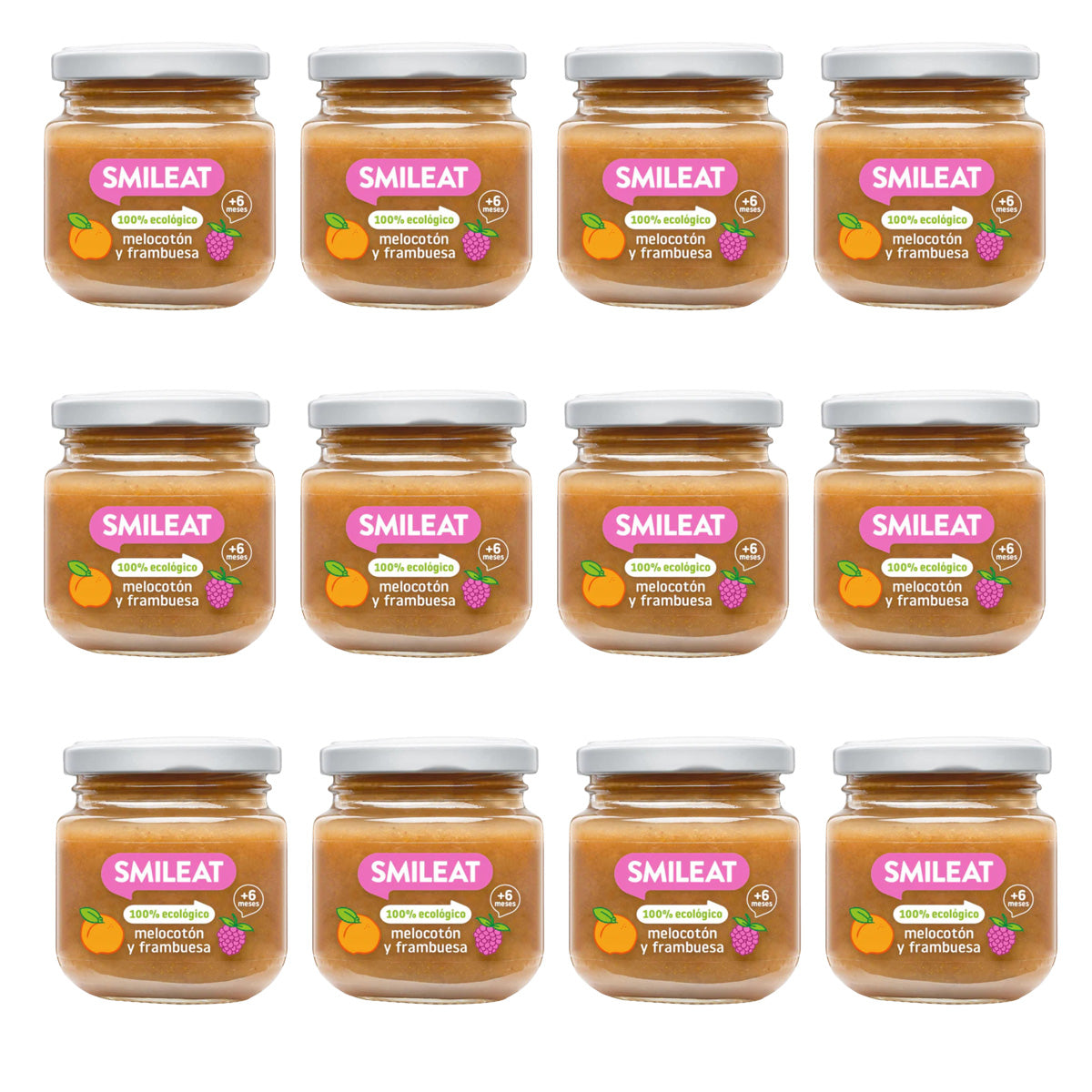 Pack of 12 Smileat Organic Raspberry and Peach Jars, 130 g