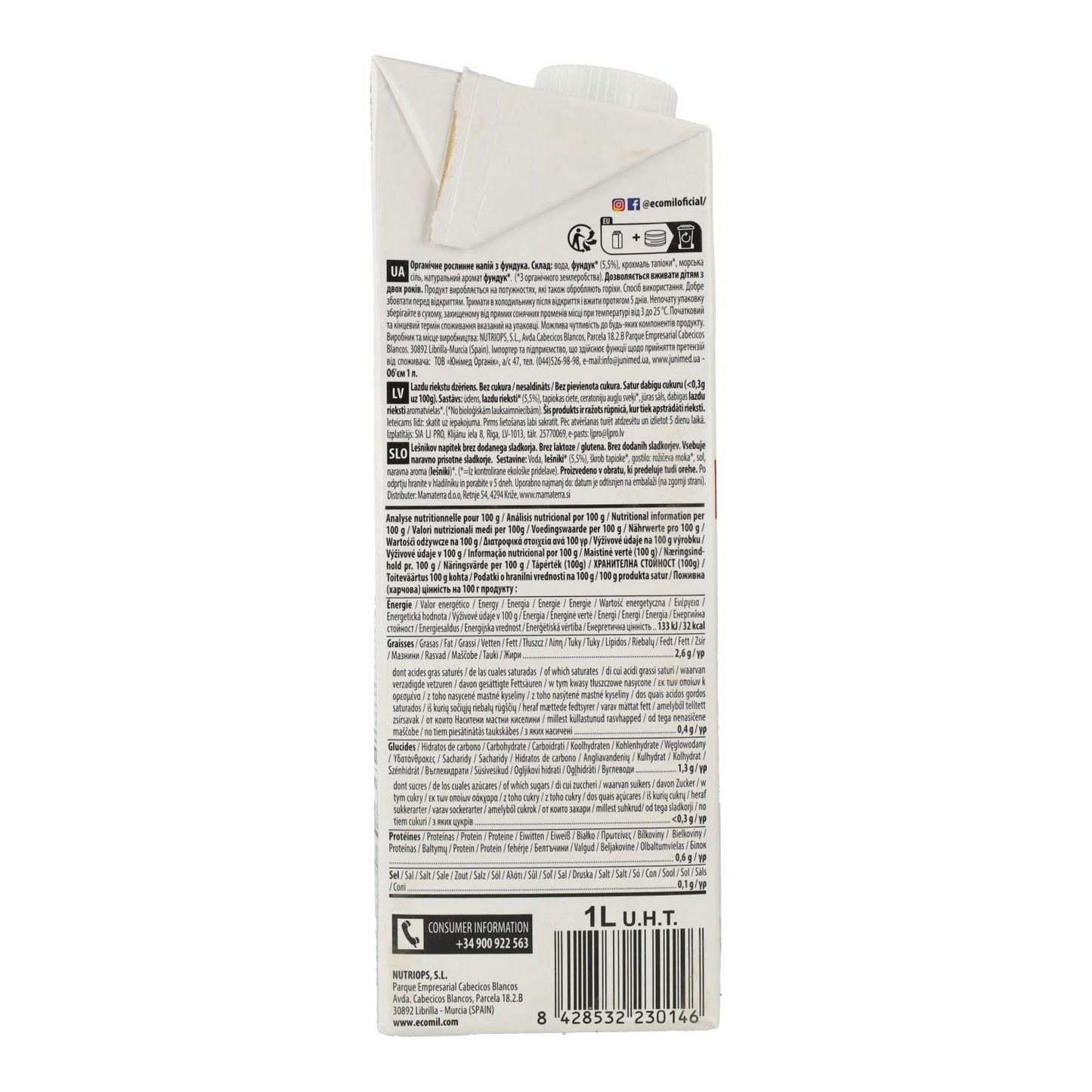 Sockerfri hasselnötsdryck Ecomil 1 L